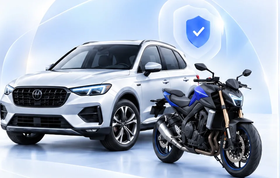 SUV claro y motocicleta azul y negra